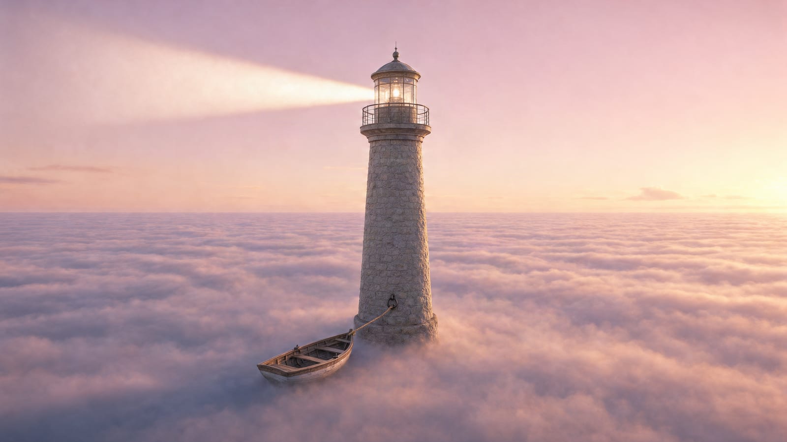 A lighthouse standing in a sea of clouds at sunset, a rowing boat tied at its base.