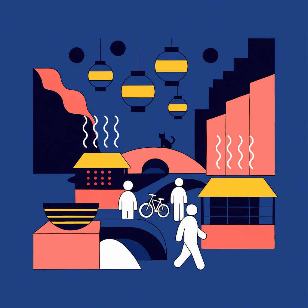 A flat vector illustration of a night market by a canal with lanterns and a cat on a bridge.