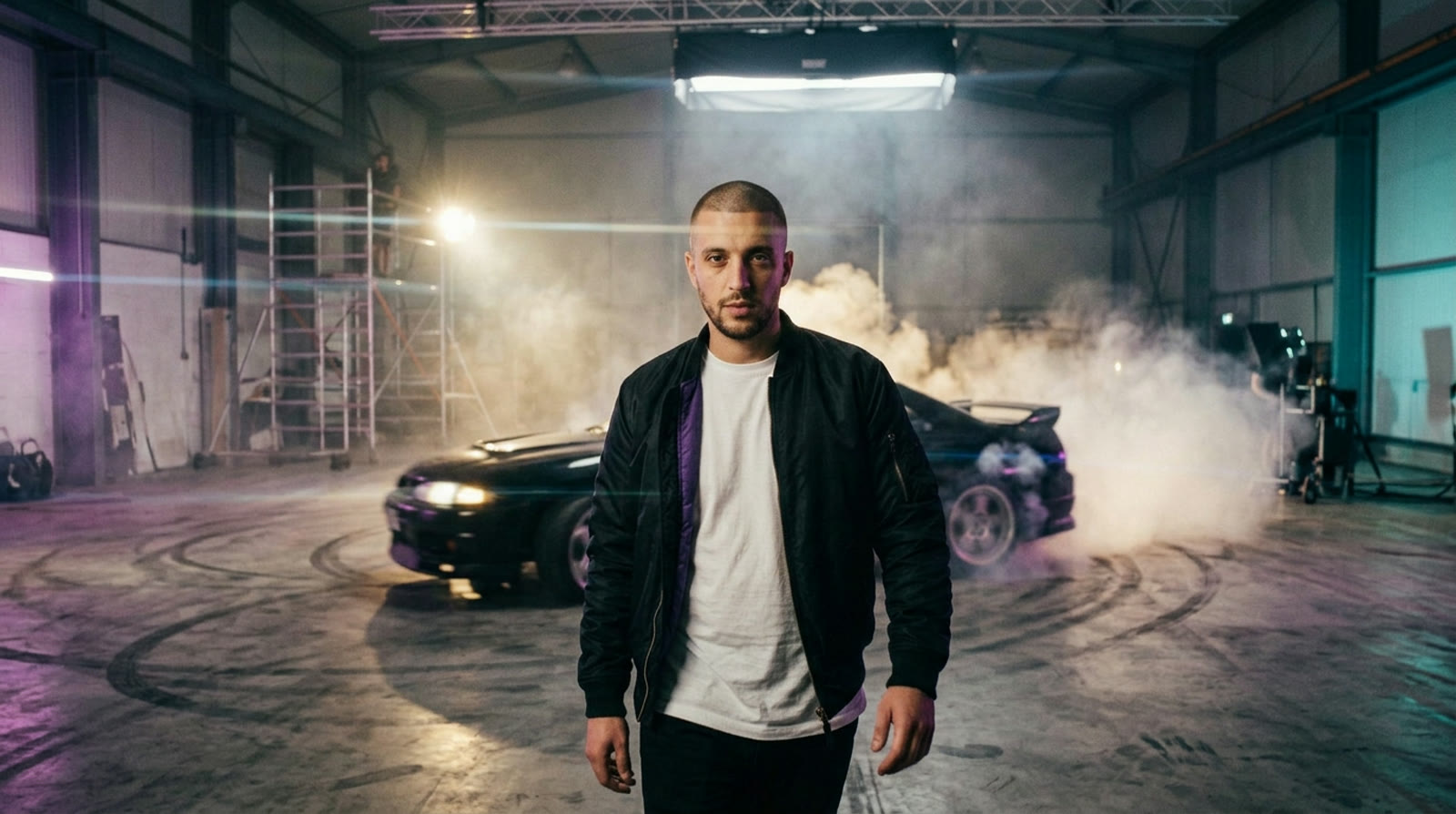 The artist walks towards the camera while a sports car drifts behind him in a cloud of tyre smoke.