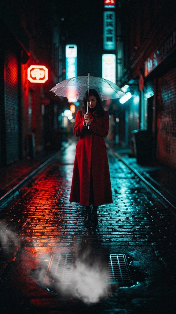 A woman in a red coat with a clear umbrella in a neon-lit alley in the rain.