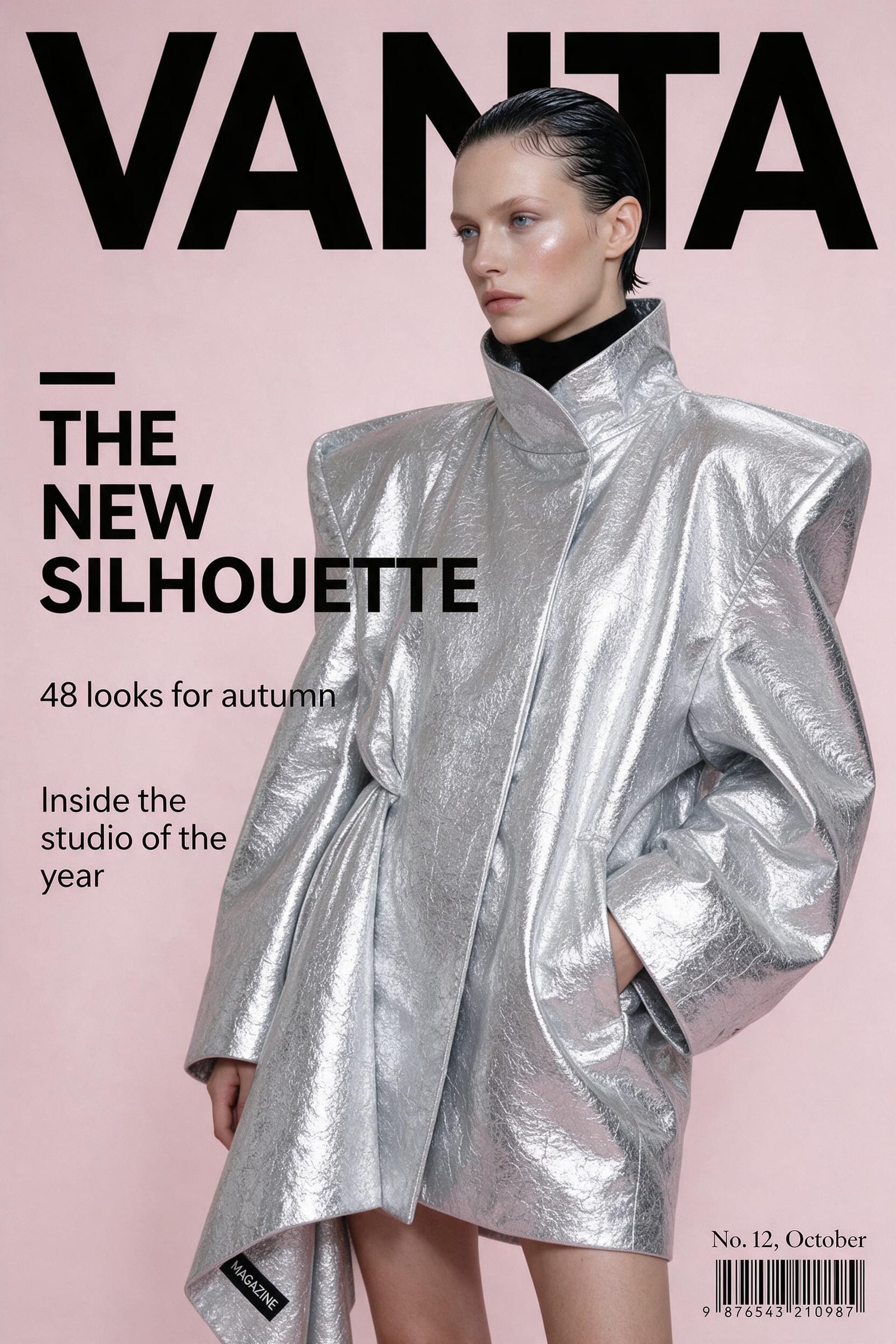 A fashion magazine cover called Vanta, a model in a sculptural silver coat with several cover lines in sharp type.