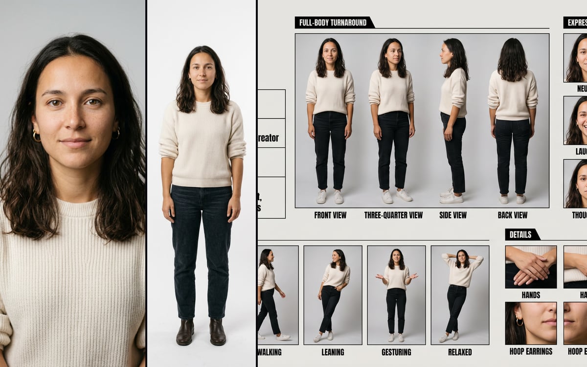 The portrait of a woman, a full body of the same woman, and her continuity sheet with turnaround, expressions and poses.