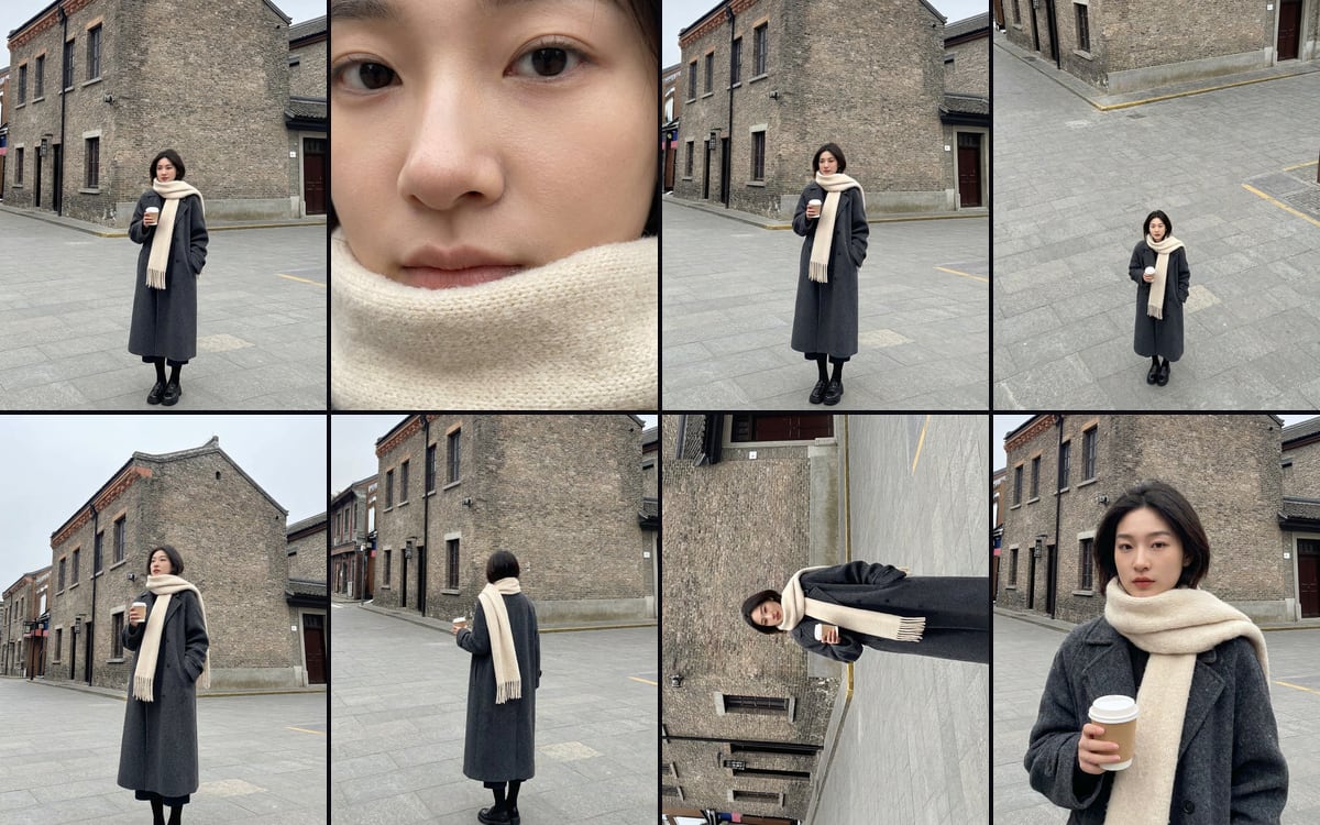 Eight photographs of the same woman on a pavement, each from a different camera position, laid out in two rows of four.